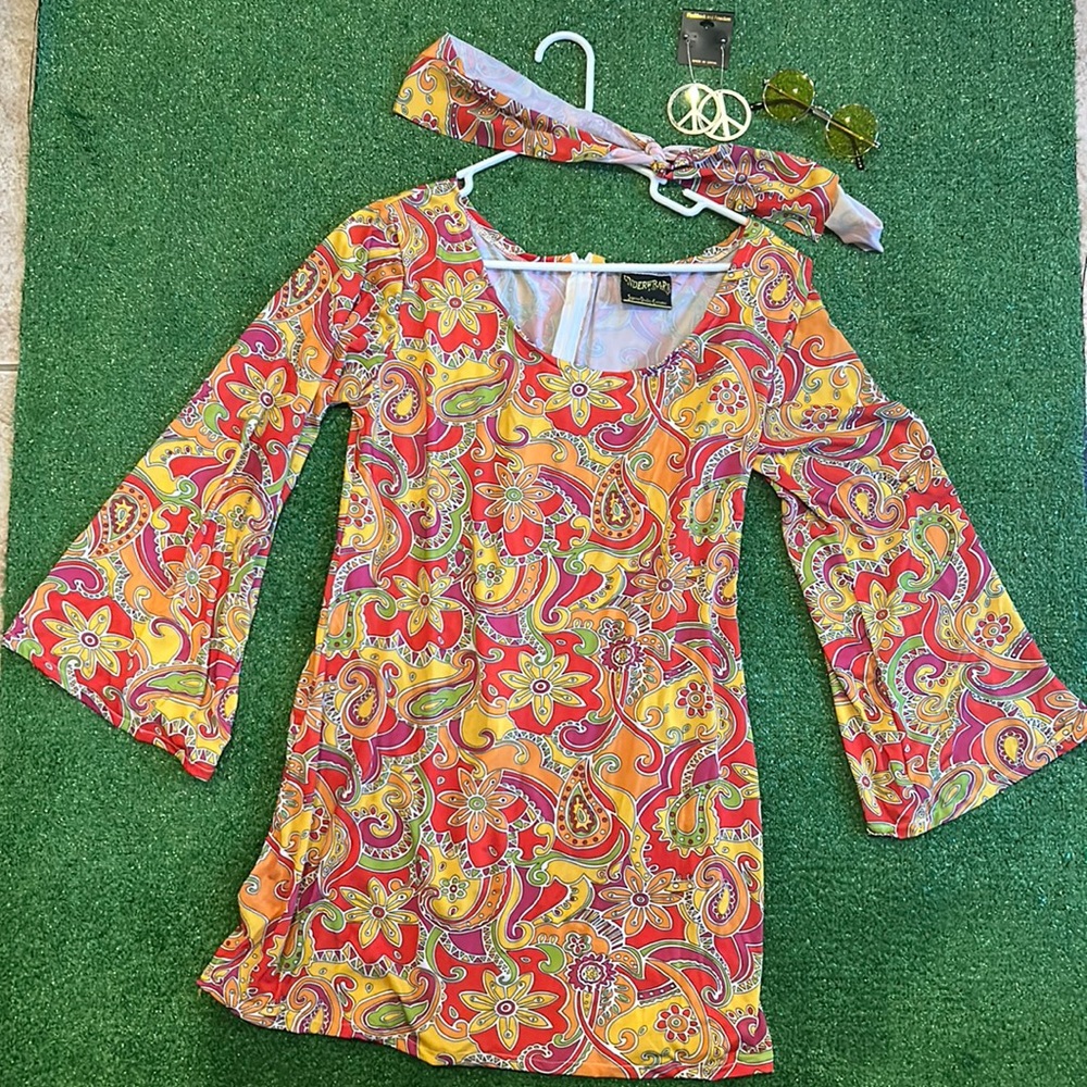 🎃🎃🎃🎃GO GO-ORANGE A-line mini dress with bell sleeves, head scarf. 🎃🎃🎃🎃